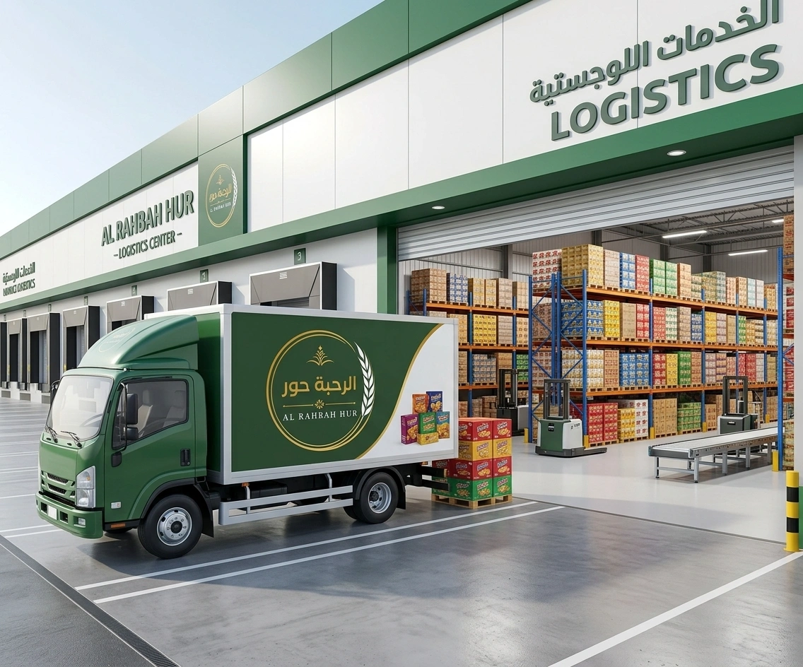 شاحنة نقل خضراء تحمل شعار "الرحبة حور" تقف أمام مستودع لوجستي حديث ومجهز بأرفف تخزين وشاحنات رفع لخدمات التخزين والتوزيع.